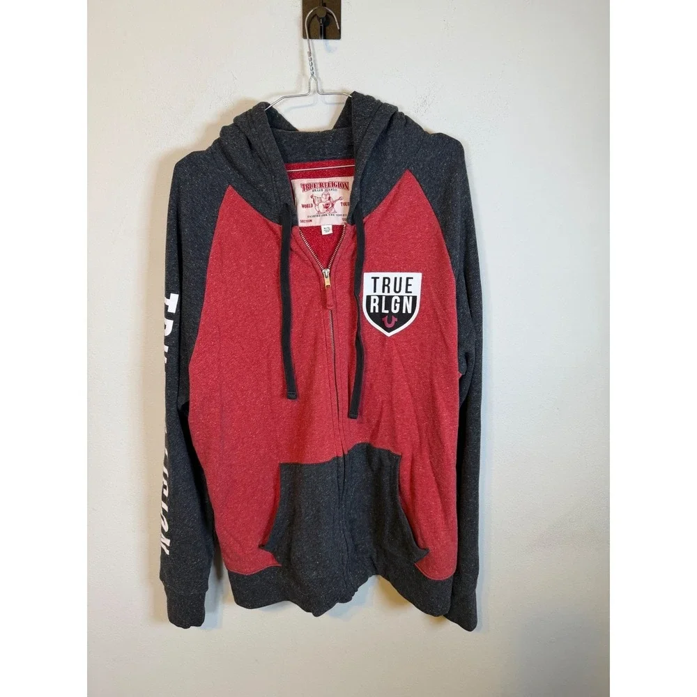 True Religion Mens Hoodie Raglan Graphic Sleeve Red Gray XL